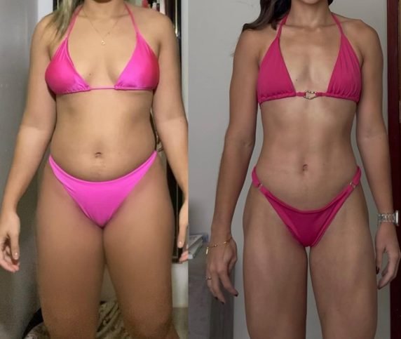 Antes e depois de aluna de frente, acompanhada pela treinadora Thallita Moura