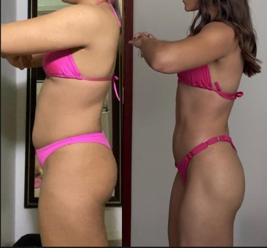 Antes e depois de aluna de perfil, acompanhada pela treinadora Thallita Moura