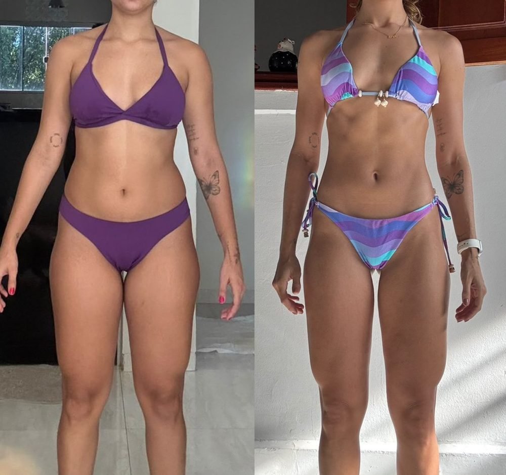 Antes e depois de aluna de frente, acompanhada pela treinadora Thallita Moura